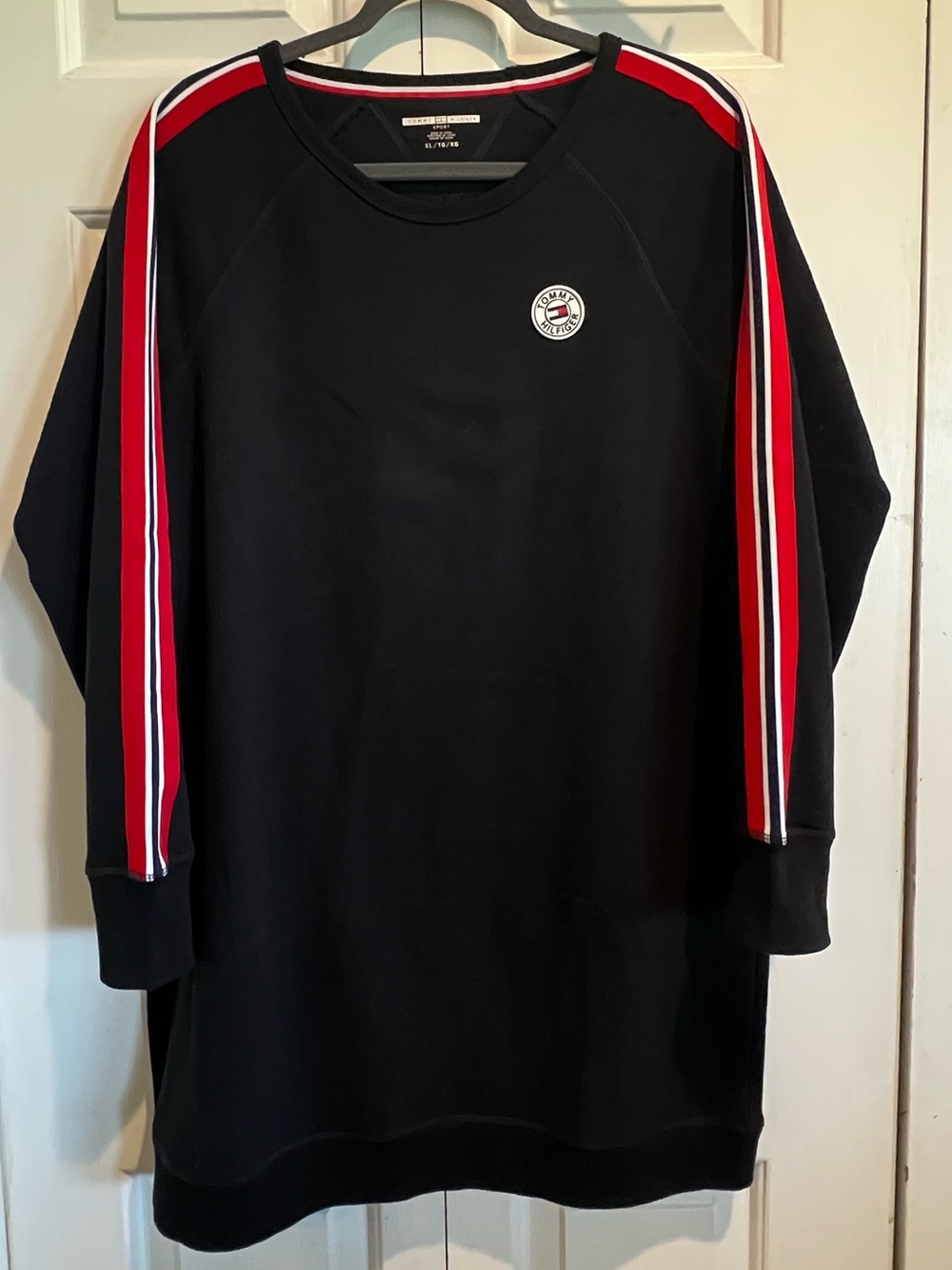 Long Black Sweatshirt / Sporty Casual Dress with Red Stripe Detail